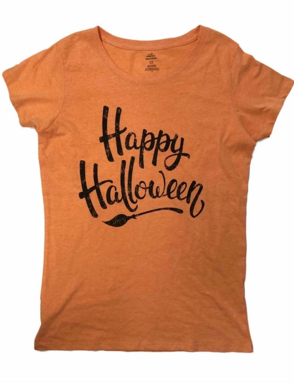 Womens Orange Happy Halloween Broomstick T-Shirt Tee Shirt  size Large